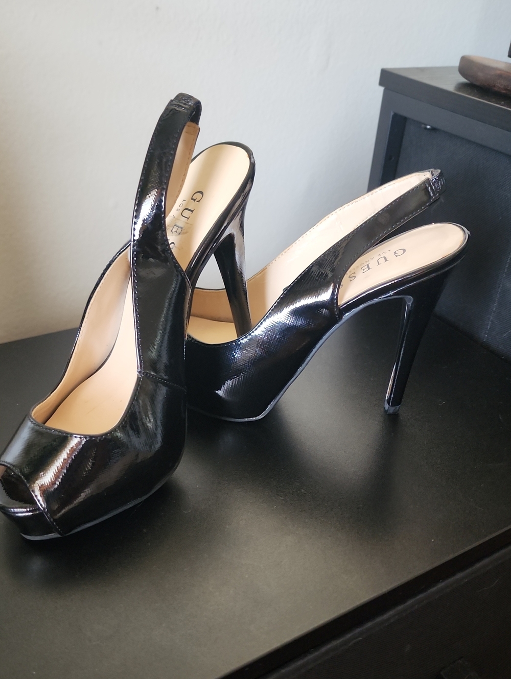 GUESS Black Patent Leather Peep-Toe Slingback Stilettos